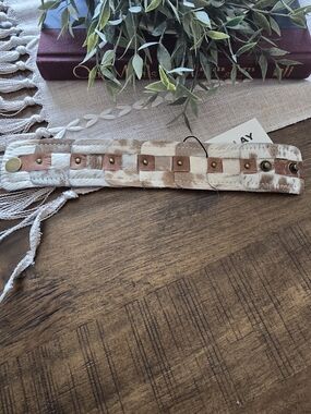 Genuine Leather and Real Cowhide Wide Cuff Bracelet in White and Brown